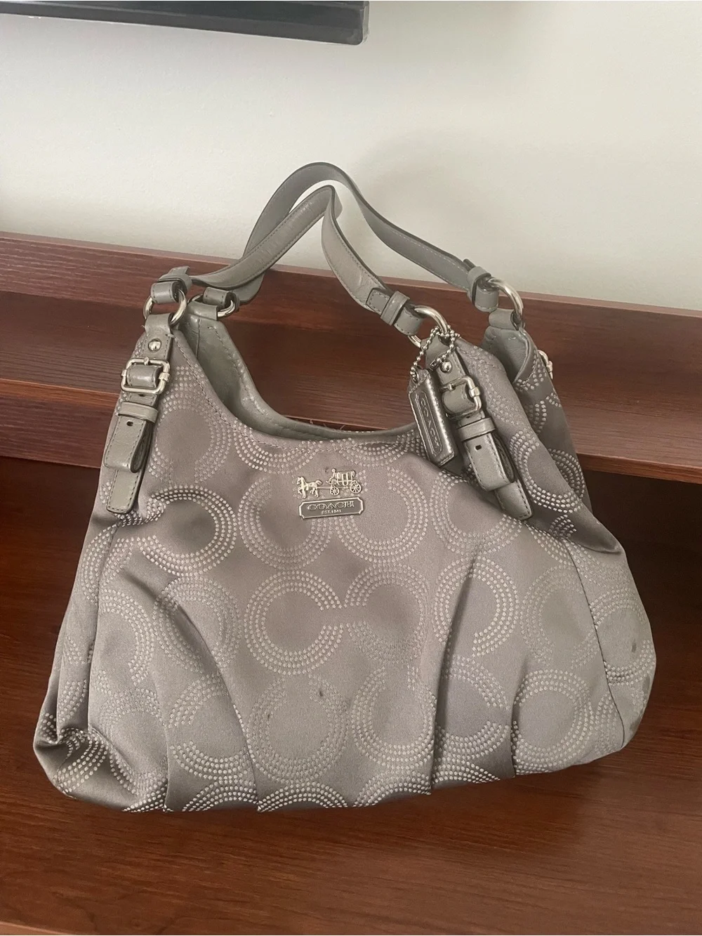 Coach Silver-Gray Circle Print Shoulder Bag with Dual Handles